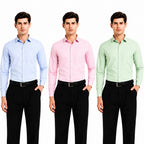 Clothizen Men's Solid Formal Shirt pack of 3 | Light Blue | Green | Pink | Premium | Cotton Enriched | Full Sleeves | Comfort Fit | Single Chest Pocket