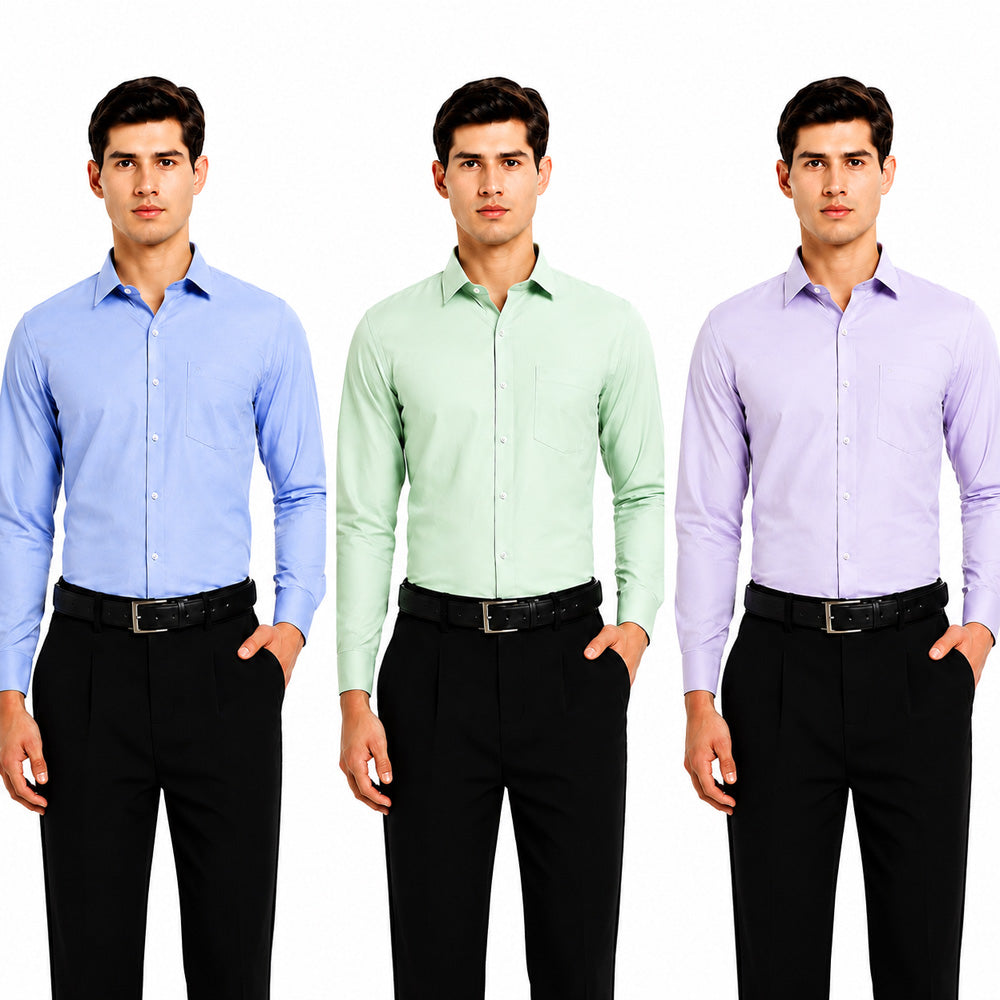 Clothizen Men's Solid Formal Shirt pack of 3 | Green | Lavender | Medium Blue | Premium | Cotton Enriched | Full Sleeves | Comfort Fit | Single Chest Pocket