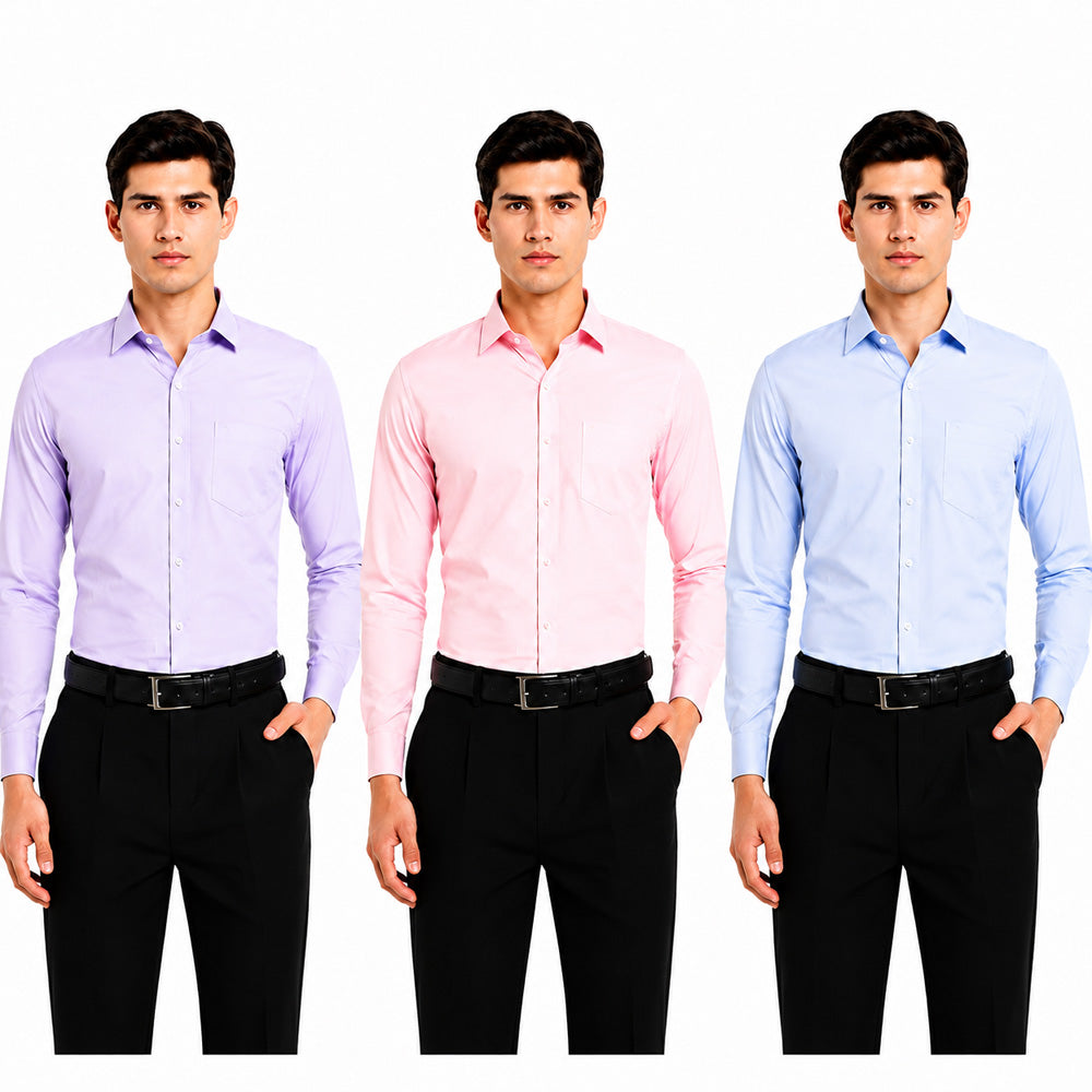 Clothizen Men's Solid Formal Shirt pack of 3 | Light Blue | Lavender | Pink | Premium | Cotton Enriched | Full Sleeves | Comfort Fit | Single Chest Pocket Main image