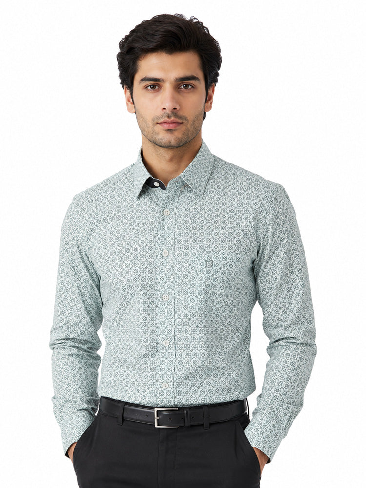 Men's Printed Regular Fit Formal Shirt |Aqua Blue Premium |100% Satin Cotton | Full Sleeves | Single Chest Pocket