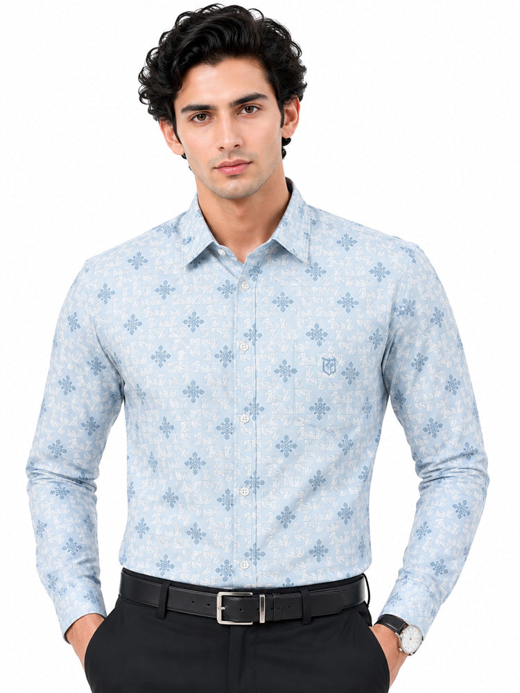 Men's Printed Regular Fit  Semi   Formal Shirt | Sky Blue | Premium | 100% Cotton | Full Sleeves | Single Chest Pocket Main image