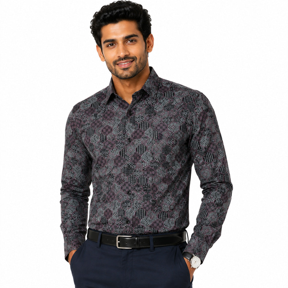 Men's Printed Regular Fit  Semi Formal Shirt | Wine Black | Premium | 100% Cotton | Full Sleeves | Single Chest Pocket Main image