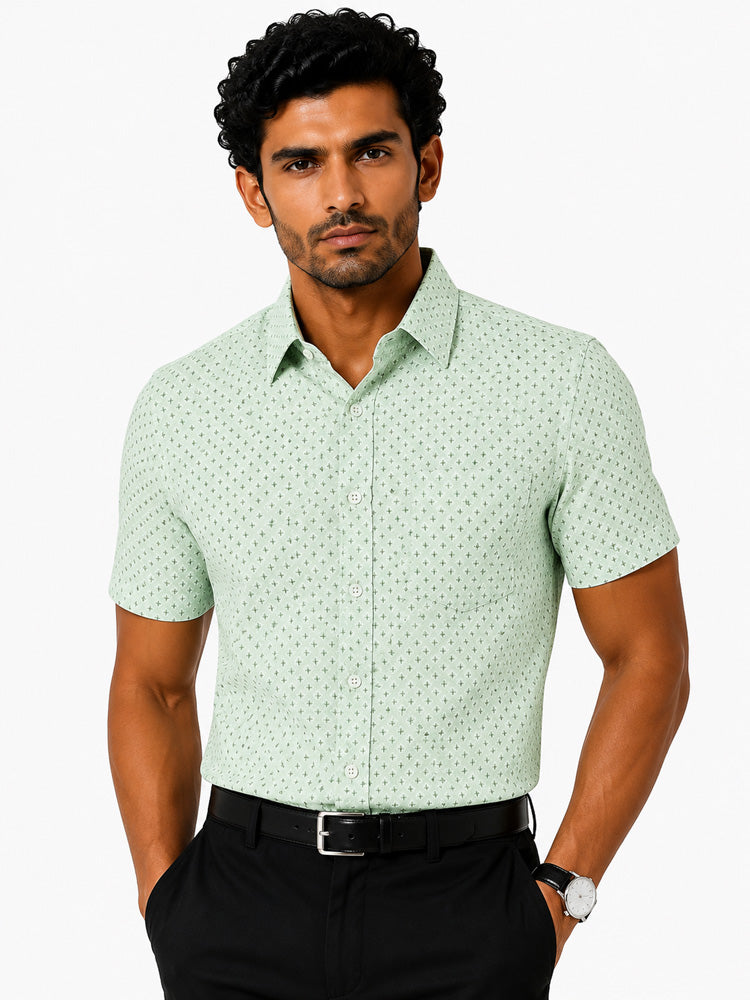 Men's Printed Slim Fit Semi Formal Shirt | Light Mint Green | Premium | Cotton | Half Sleeves | Single Chest Pocket Main image