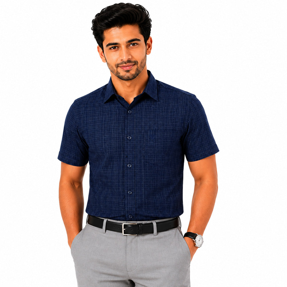 Men's Checkered Regular Fit Formal Shirt | Slate Grey with Self Checks | Premium | Pure Cotton | Half Sleeves | Single Chest Pocket