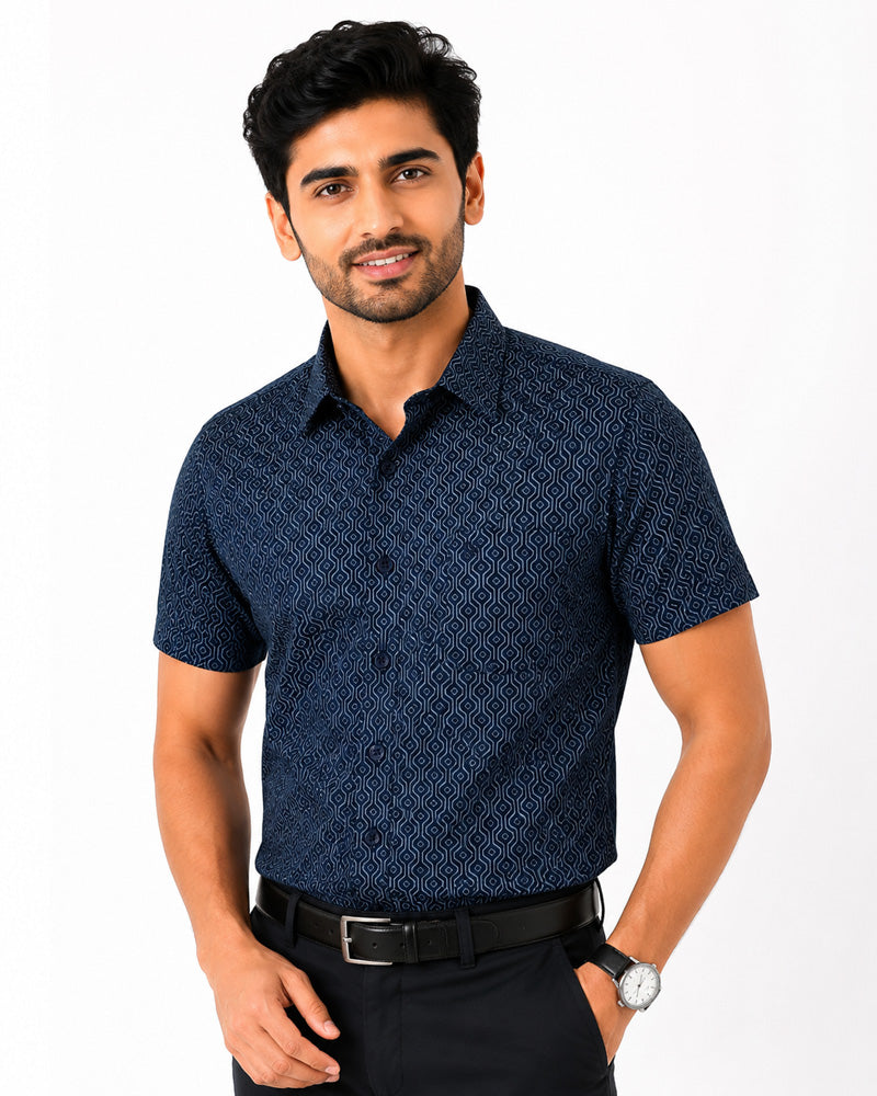 Men's Printed Regular Fit Formal Shirt | Indigo Blue with Grey Geometric Print | Premium | Pure Cotton | Half Sleeves | Single Chest Pocket Main image