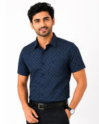 Men's Printed Regular Fit Formal Shirt | Ice Grey with Slate Grey Geometric Print | Premium | Pure Cotton | Half Sleeves | Single Chest Pocket