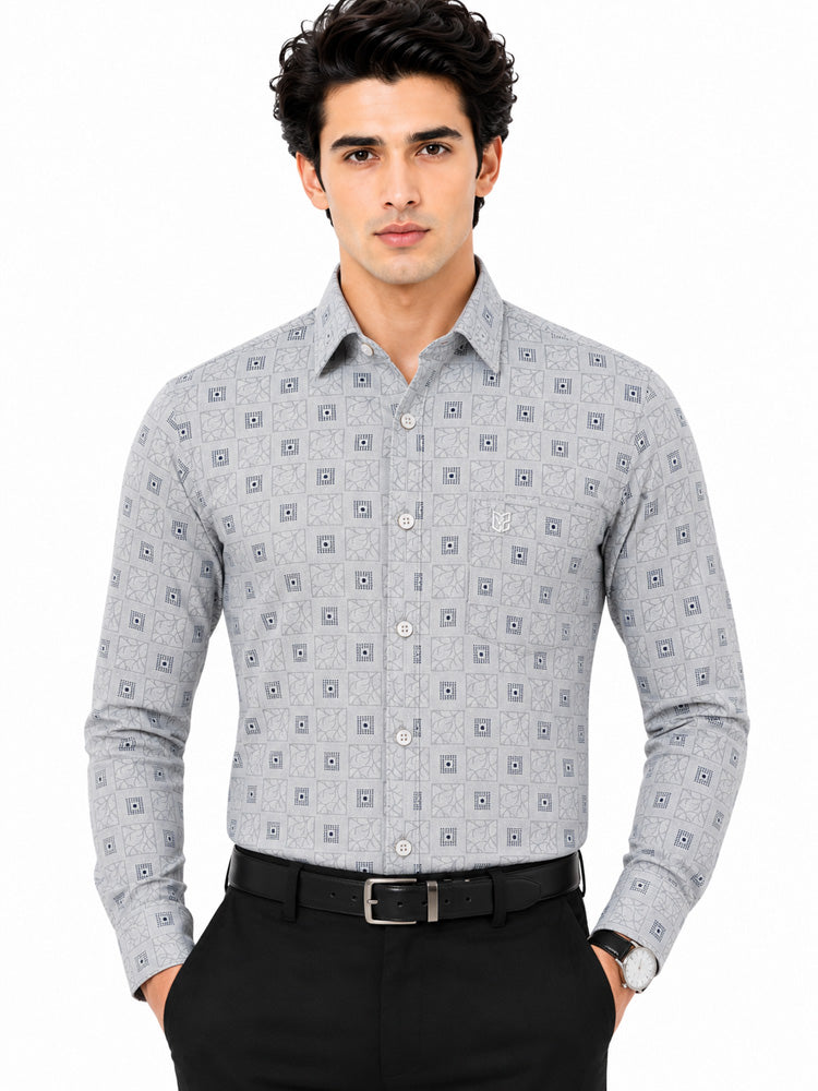 Men's Printed Regular Fit Semi Formal Shirt | Cream | Premium | Cotton Enriched | Full Sleeves | Single Chest Pocket