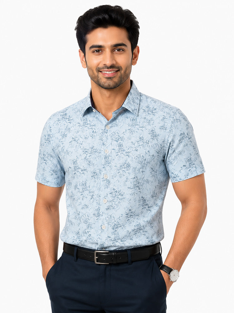 Men's Printed Slim Fit Semi Formal Shirt | Powder Blue with Slate Grey Floral Print | Premium | 100% Cotton | Half Sleeves | Single Chest Pocket Main image
