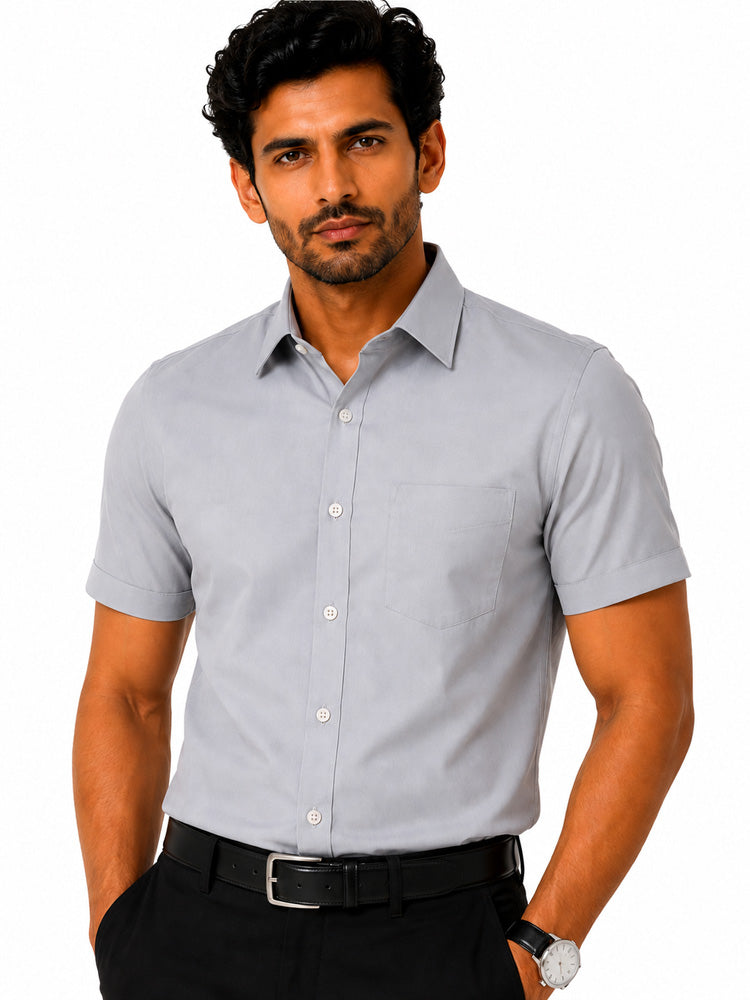 Men's Solid Formal Shirt | Light Grey | Premium | Cotton | Half Sleeves | Single Chest Pocket