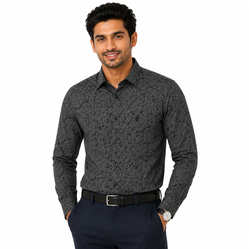 Men's Printed Regular Fit  Semi Formal Shirt | Black | Premium | 100% Cotton | Full Sleeves | Single Chest Pocket