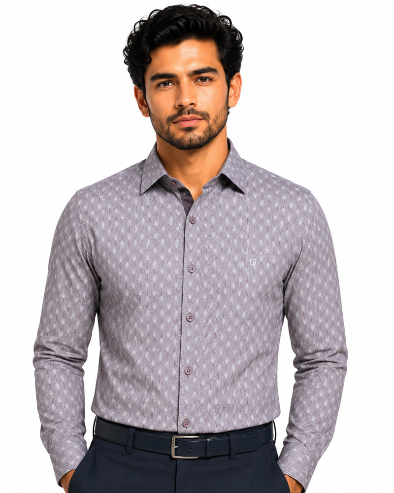 Men's Printed Regular Fit Formal Shirt | Purple | Premium | 100% Satin Cotton | Full Sleeves | Single Chest Pocket Main image
