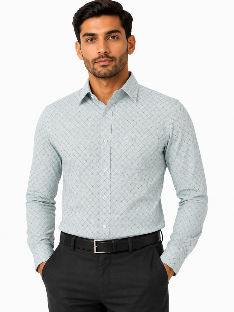 Men's Printed Smart Fit Semi Formal Shirt | Aqaua Blue | Premium | 100% Cotton | Full Sleeves | Single Chest Pocket Main image