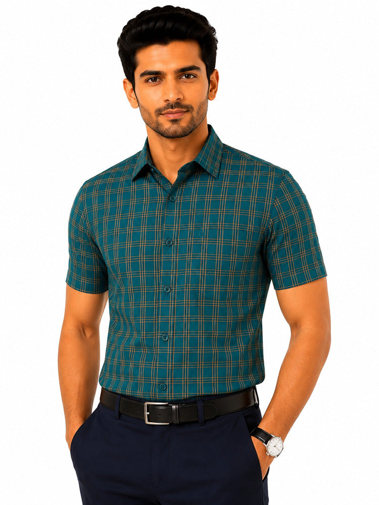 Men's Checkered Regular Fit Formal Shirt | Teal Blue with Mustard Checks | Premium | Pure Cotton | Half Sleeves | Single Chest Pocket Main image
