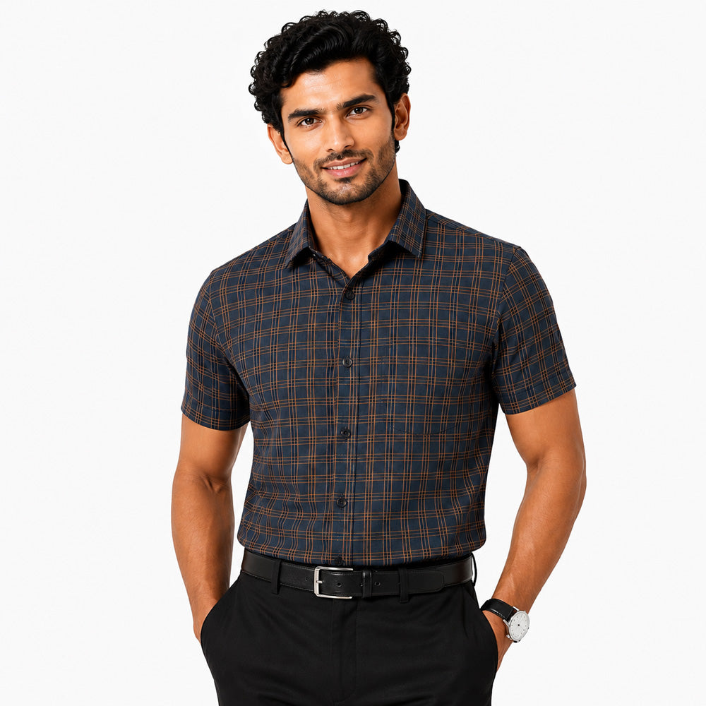 Men's Checkered Regular Fit Formal Shirt | Charcoal Grey with Copper Checks | Premium | Pure Cotton | Half Sleeves | Single Chest Pocket