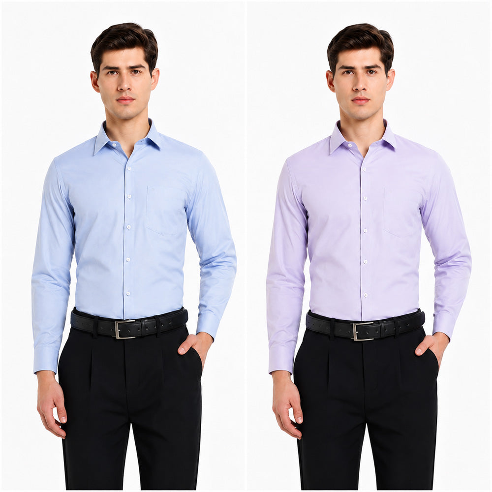 Clothizen Men's Solid Formal Shirt pack of 2 Medium Blue | Lavender | Premium | Cotton Enriched | Full Sleeves | Comfort Fit | Single Chest Pocket
