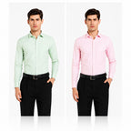 Clothizen Men's Solid Formal Shirt pack of 2 | Green | Pink | Premium | Cotton Enriched | Full Sleeves | Comfort Fit | Single Chest Pocket