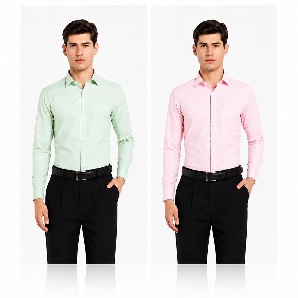Clothizen Men's Solid Formal Shirt pack of 2 | Green | Pink | Premium | Cotton Enriched | Full Sleeves | Comfort Fit | Single Chest Pocket