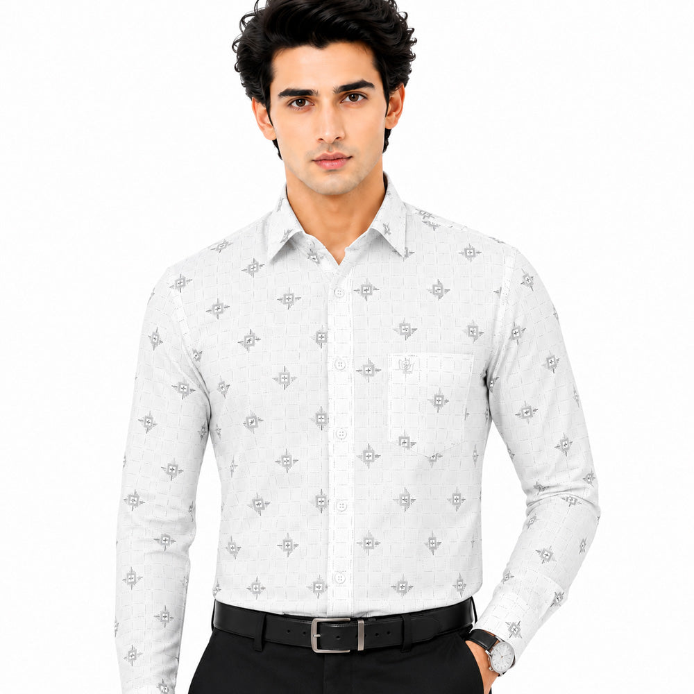 Men's Printed Regular Fit Semi Formal Shirt | Light Grey | Premium | Cotton Enriched | Full Sleeves | Single Chest Pocket