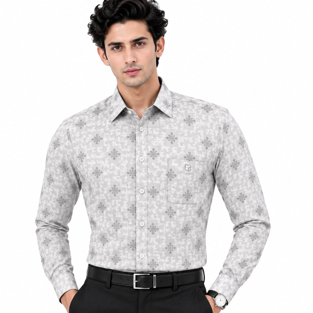 Men's Printed Regular Fit  Semi  Formal Shirt | Pearl White | Premium | 100% Cotton | Full Sleeves | Single Chest Pocket Main image
