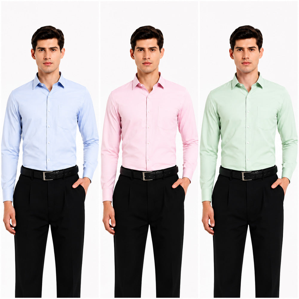 Clothizen Men's Solid Formal Shirt pack of 3 | Light Blue | Green | Pink | Premium | Cotton Enriched | Full Sleeves | Comfort Fit | Single Chest Pocket