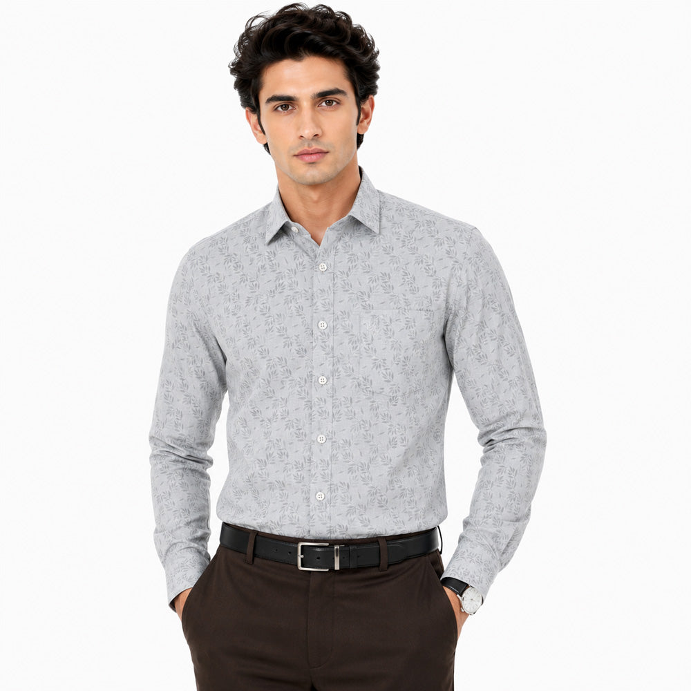 Men's Printed Regular Fit Semi Formal Shirt | Pearl Grey | Premium | Cotton Enriched | Full Sleeves | Single Chest Pocket Main image