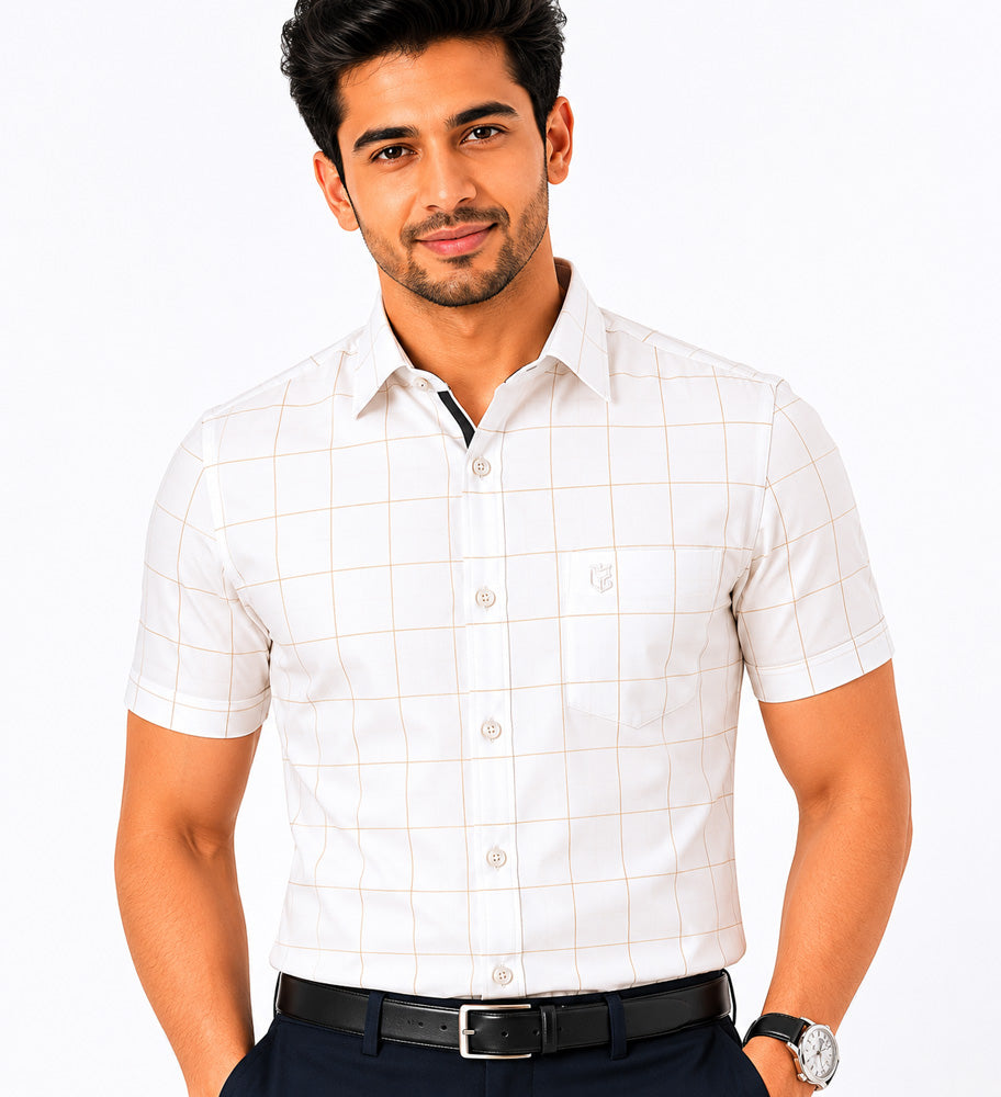 Men's Checkered Regular Fit Formal Shirt | White with Gold Checks | Premium | Pure Cotton | Half Sleeves | Single Chest Pocket Main image