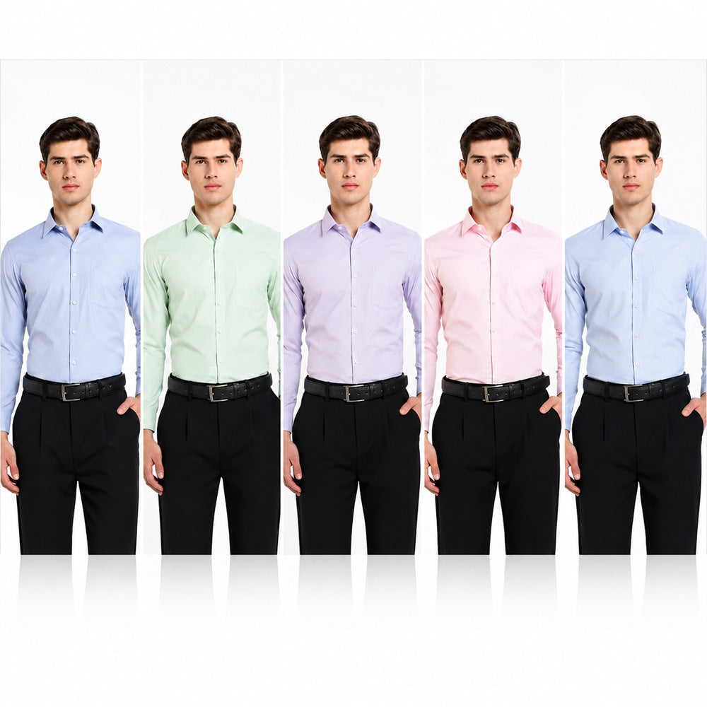 Clothizen Men's Solid Formal Shirt pack of 5 | Medium Blue| Green | Lavender | Pink | Light Blue | Premium | Cotton Enriched | Full Sleeves | Comfort Fit | Single Chest Pocket