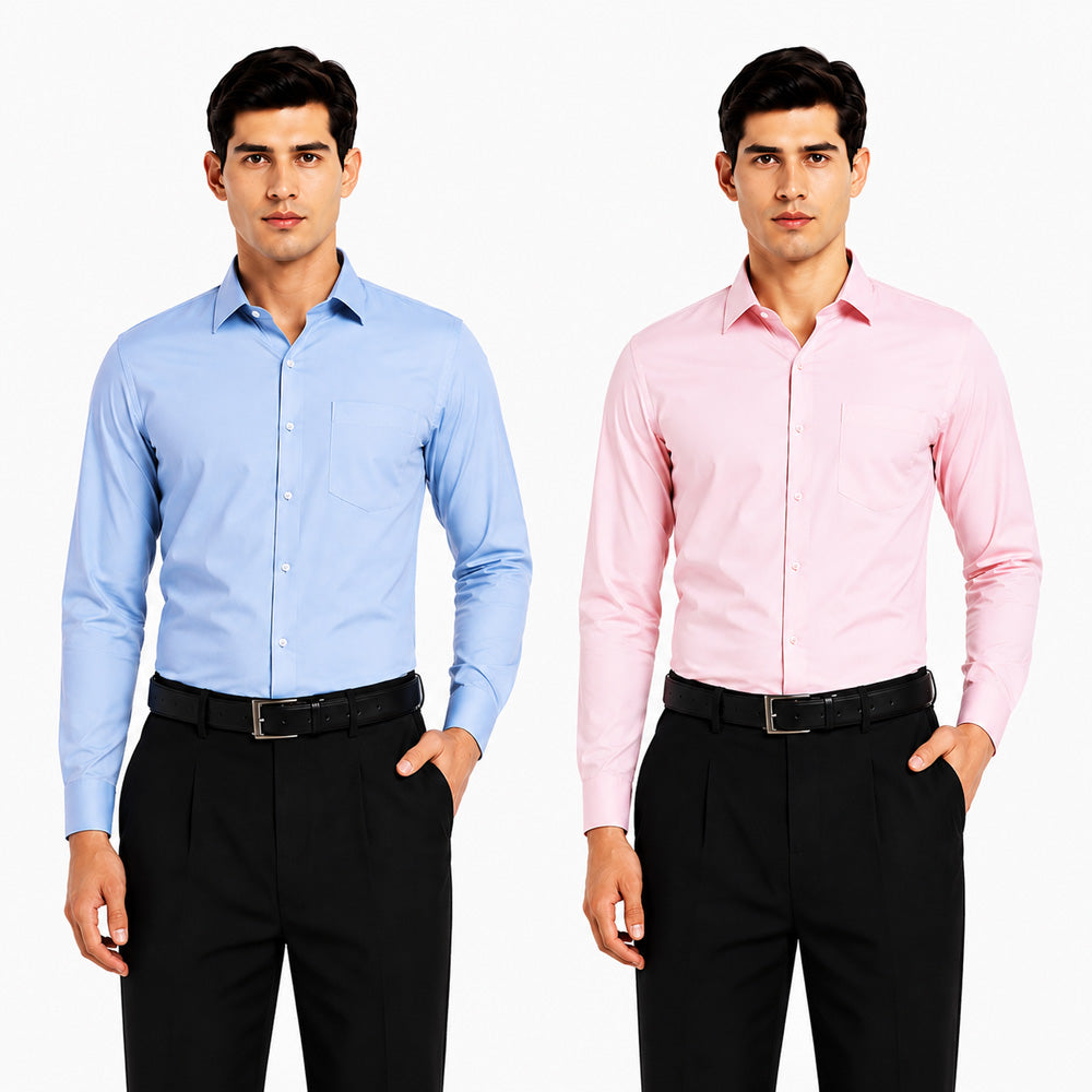 Clothizen Men's Solid Formal Shirt pack of 2 Medium Blue | Pink| Premium | Cotton Enriched | Full Sleeves | Comfort Fit | Single Chest Pocket
