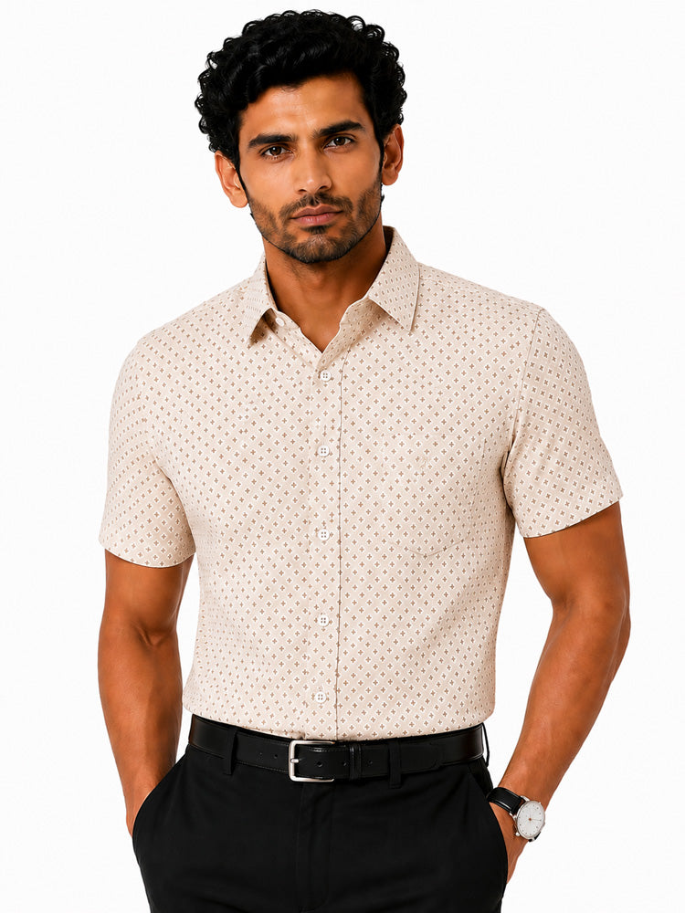 Men's Printed Slim Fit Semi Formal Shirt | Light Beige| Premium | Cotton | Half Sleeves | Single Chest Pocket