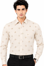 Men's Printed Regular Fit Semi Formal Shirt | Light Grey | Premium | Cotton Enriched | Full Sleeves | Single Chest Pocket