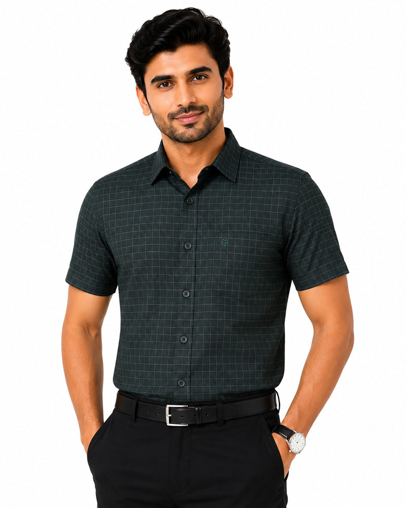 Men's Checkered Regular Fit Formal Shirt | Dark Olive Green with Grey Checks | Premium | Pure Cotton | Half Sleeves | Single Chest Pocket Main image