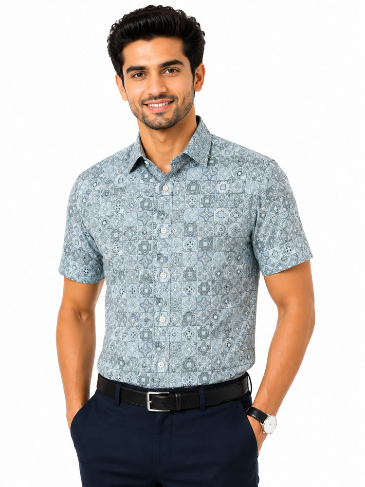 Men's Printed Slim Fit Semi Formal Shirt | Premium | 100% Cotton | Half Sleeves | Single Chest Pocket Main image