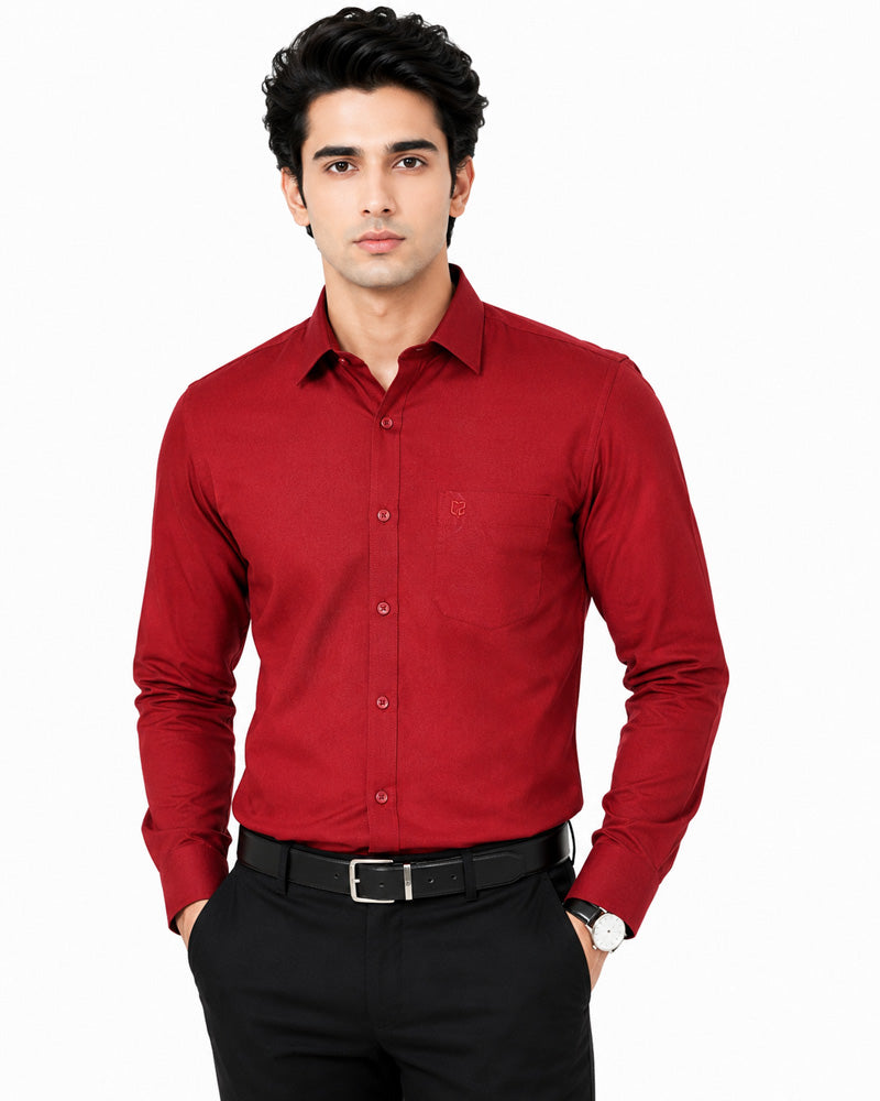 Clothizen Men's Solid Formal Shirt | Crimson Red | Premium | Cotton Enriched | Full Sleeves | Comfort Fit | Single Chest Pocket Main image
