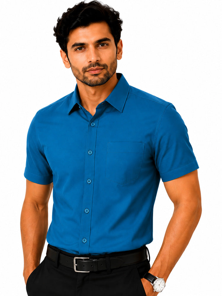 Men's Solid Formal Shirt | Peacock Blue | Premium | Cotton | Half Sleeves | Single Chest Pocket Main image