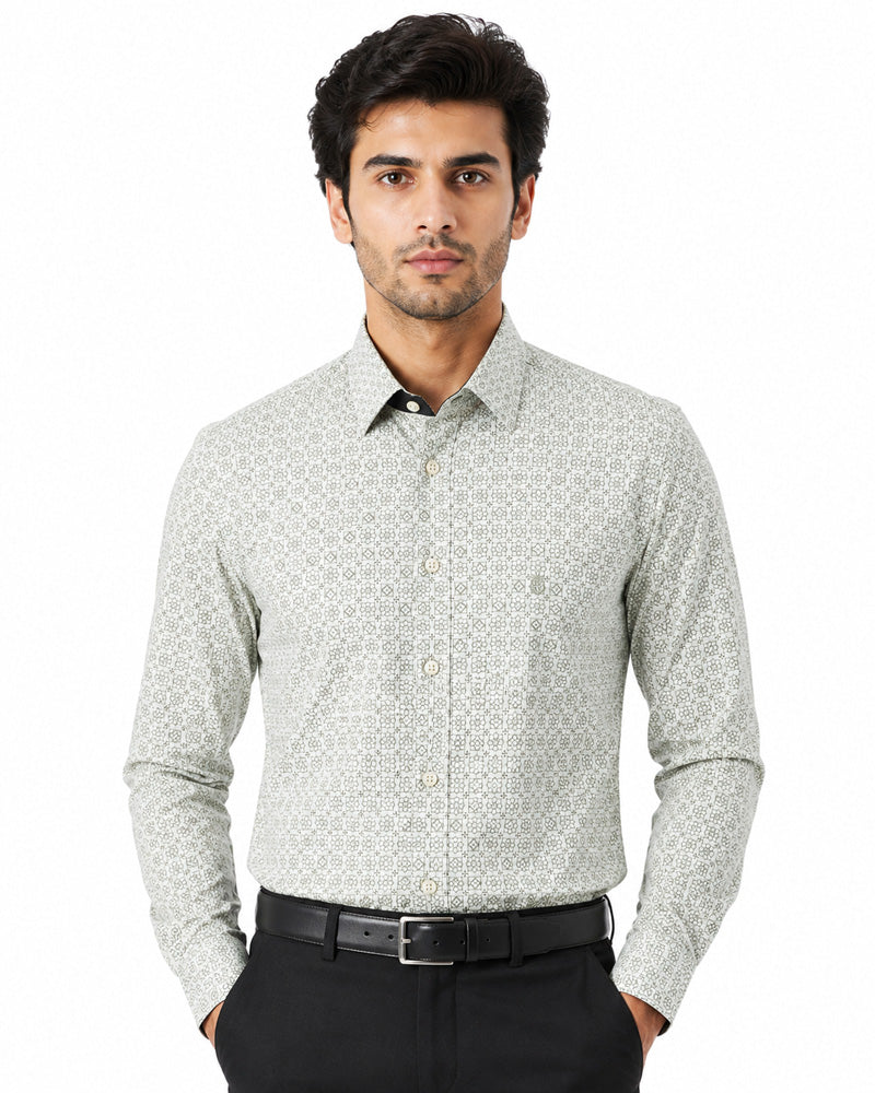 Men's Printed Regular Fit Formal Shirt | Cream | Premium | 100% Satin Cotton | Full Sleeves | Single Chest Pocket Main image