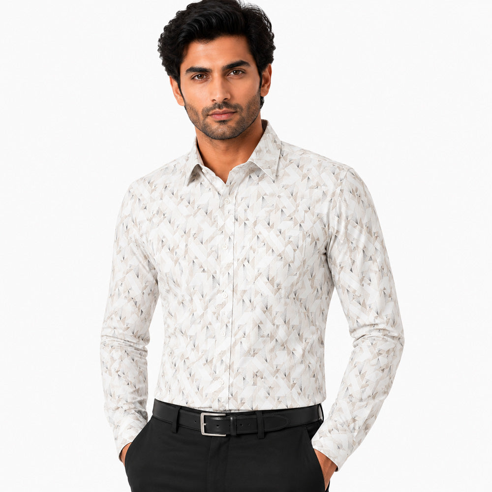 Men's Printed Regular Fit Formal Shirt | White and Brown| Premium | 100% Cotton | Full Sleeves | Single Chest Pocket Main image