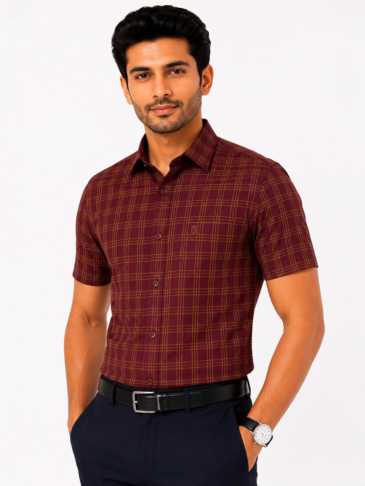 Men's Checkered Regular Fit Formal Shirt | Deep Maroon with Mustard Checks | Premium | Pure Cotton | Half Sleeves | Single Chest Pocket Main image