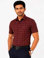 Men's Checkered Regular Fit Formal Shirt | Charcoal Grey with Copper Checks | Premium | Pure Cotton | Half Sleeves | Single Chest Pocket