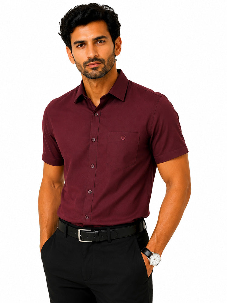 Men's Solid Formal Shirt | Wine | Premium | Cotton | Half Sleeves | Single Chest Pocket Main image
