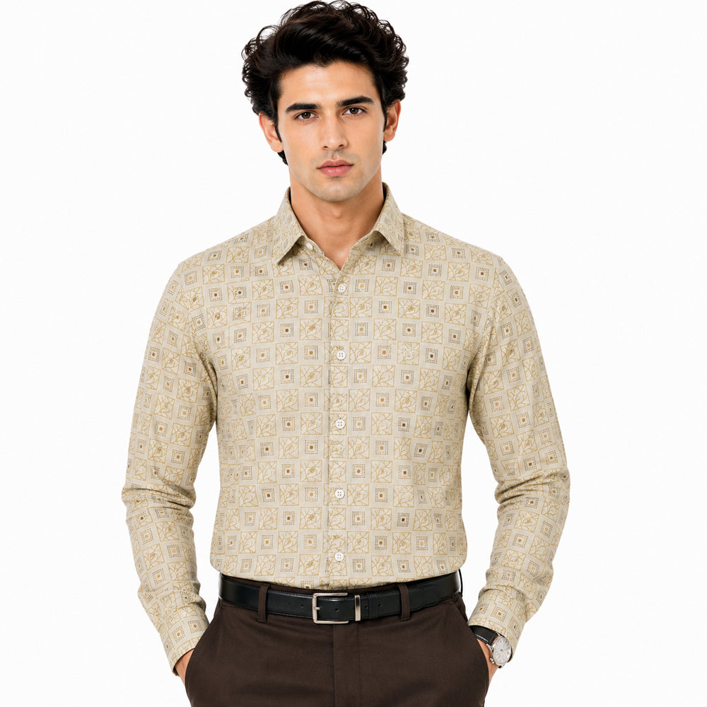 Men's Printed Regular Fit Semi Formal Shirt | Cream | Premium | Cotton Enriched | Full Sleeves | Single Chest Pocket