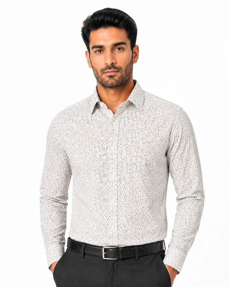 Men's Printed Regular Fit Formal Shirt | White cream| Premium | 100% Satin Cotton | Full Sleeves | Single Chest Pocket