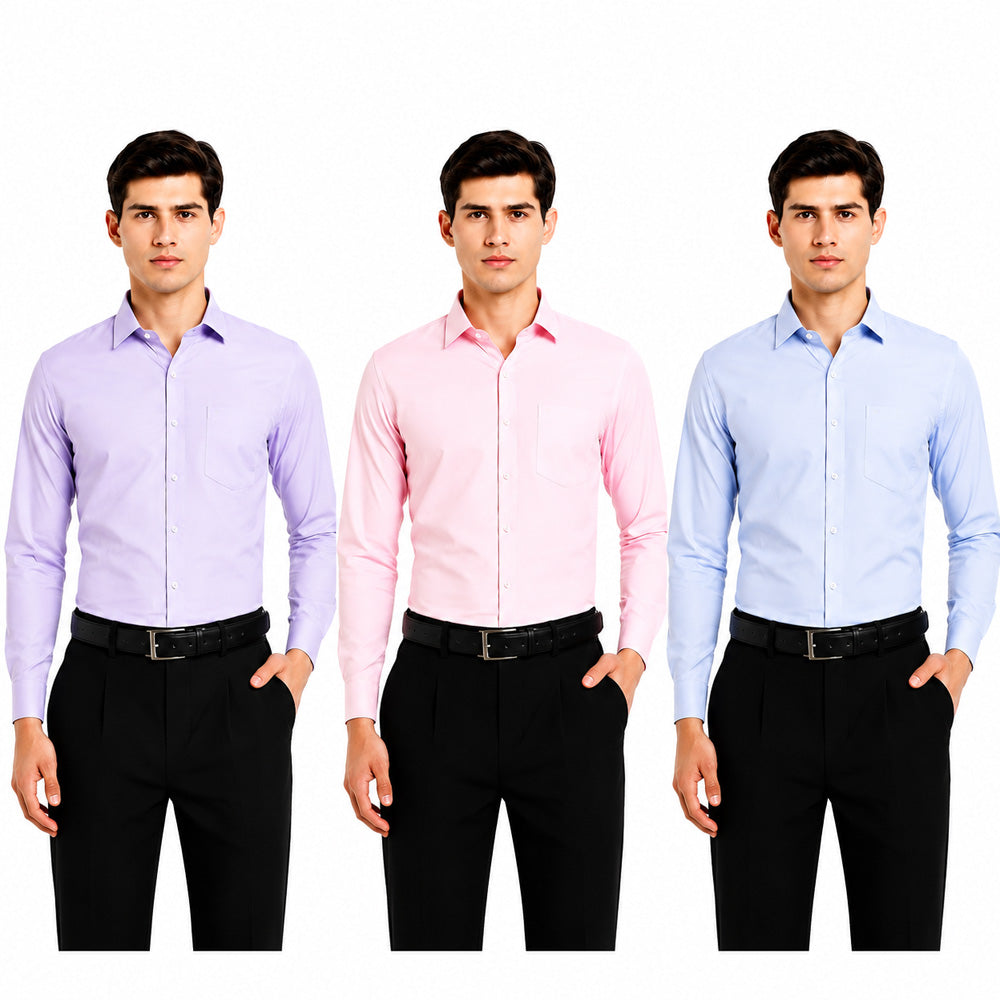 Clothizen Men's Solid Formal Shirt pack of 3 | Light Blue | Lavender | Pink | Premium | Cotton Enriched | Full Sleeves | Comfort Fit | Single Chest Pocket