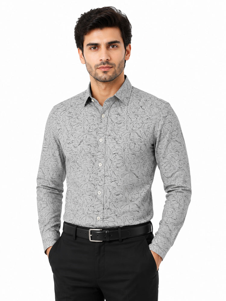 Men's Printed Regular Fit Formal Shirt | Grey | Premium | 100% Satin Cotton | Full Sleeves | Single Chest Pocket Main image