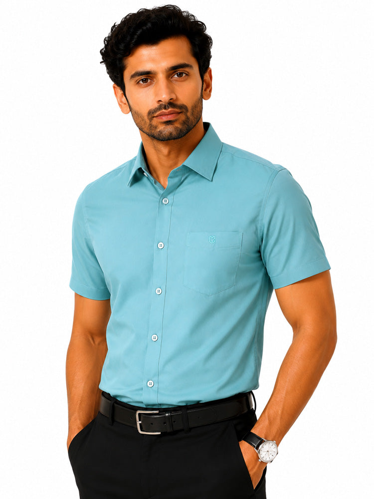Men's Solid Formal Shirt | Light Aqua Blue | Premium | Cotton | Half Sleeves | Single Chest Pocket Main image