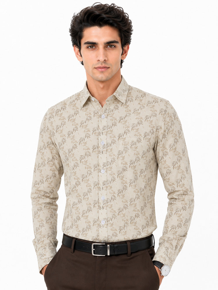 Men's Printed Regular Fit Semi Formal Shirt | Cream | Premium | Cotton Enriched | Full Sleeves | Single Chest Pocket