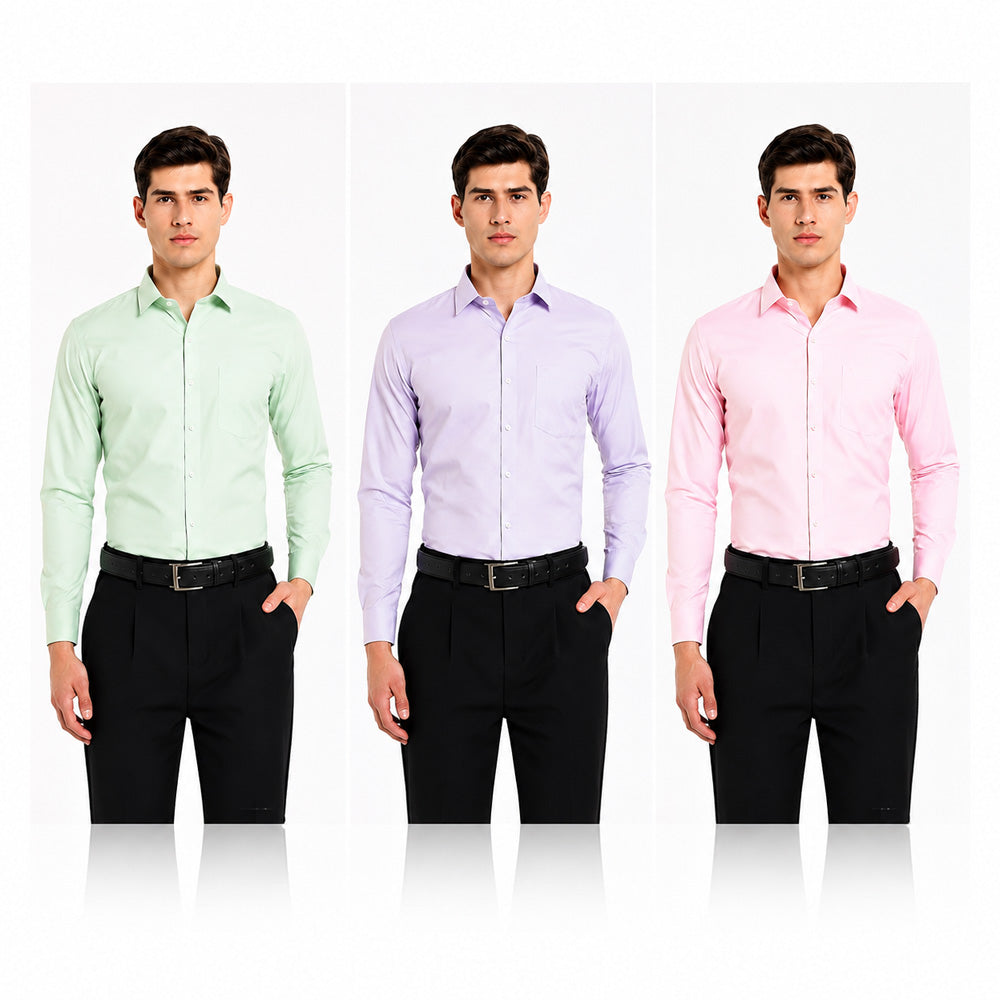 Clothizen Men's Solid Formal Shirt pack of 3 | Green | Lavender | Pink | Premium | Cotton Enriched | Full Sleeves | Comfort Fit | Single Chest Pocket Main image