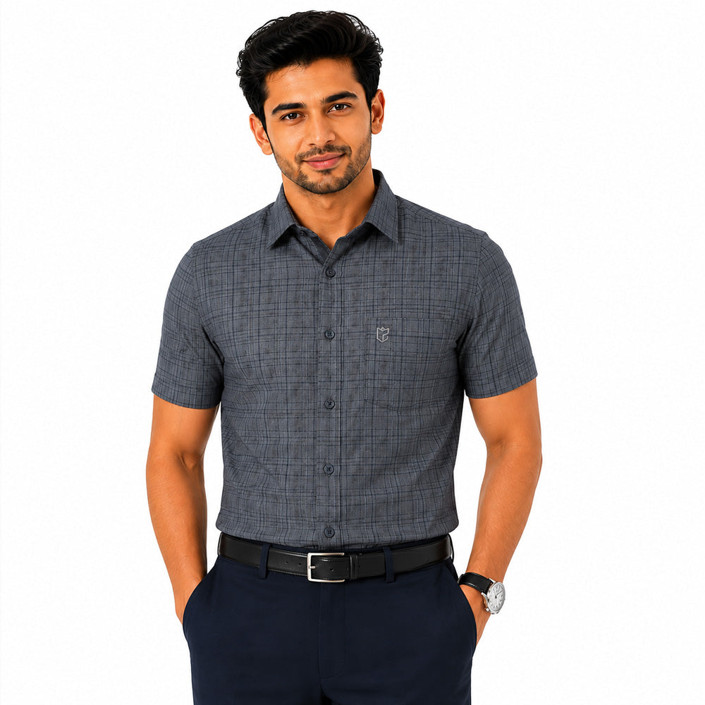 Men's Checkered Regular Fit Formal Shirt | Slate Grey with Self Checks | Premium | Pure Cotton | Half Sleeves | Single Chest Pocket Main image
