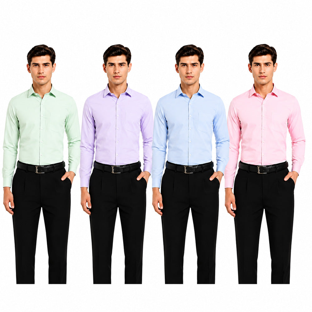 Clothizen Men's Solid Formal Shirt pack of 4 | Green | Lavender | Pink | Light Blue | Premium | Cotton Enriched | Full Sleeves | Comfort Fit | Single Chest Pocket Main image