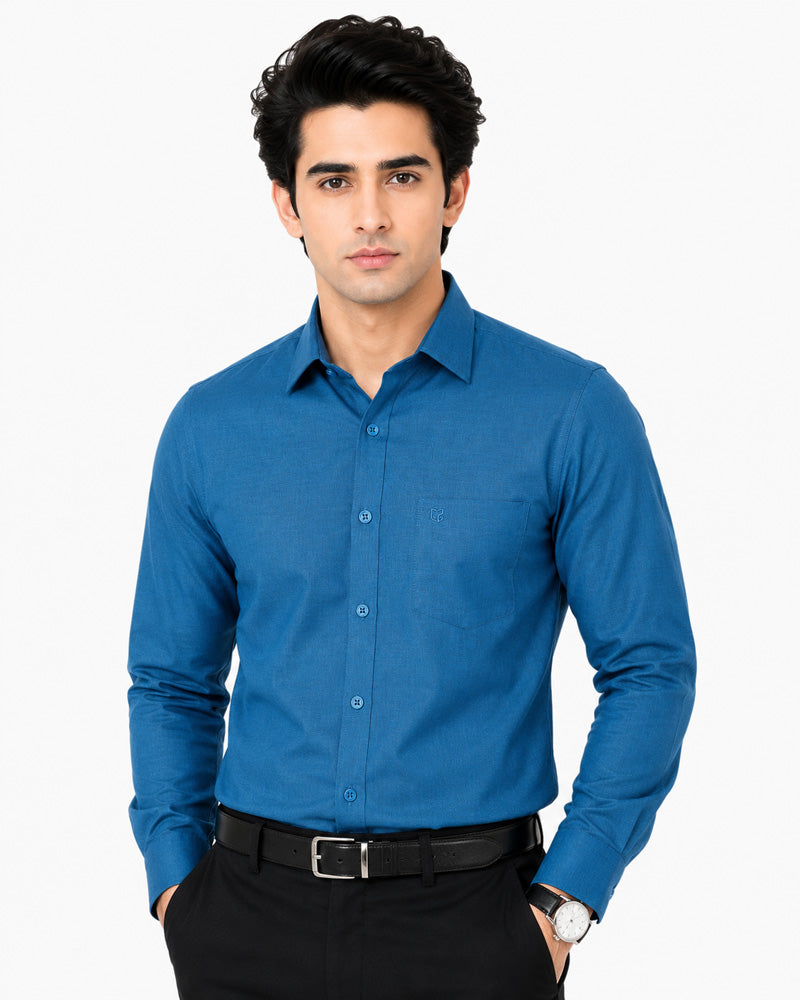 Clothizen Men's Solid Formal Shirt | Peacock Blue | Premium | Cotton Enriched | Full Sleeves | Comfort Fit | Single Chest Pocket Main image