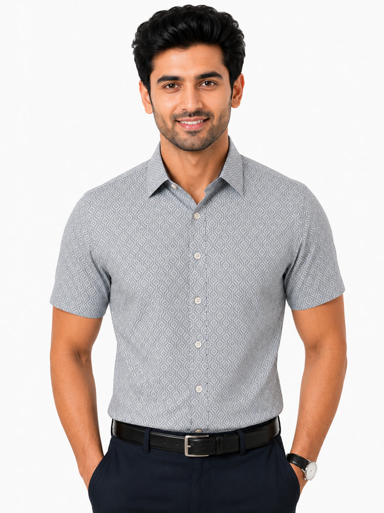 Men's Printed Regular Fit Formal Shirt | Ice Grey with Slate Grey Geometric Print | Premium | Pure Cotton | Half Sleeves | Single Chest Pocket